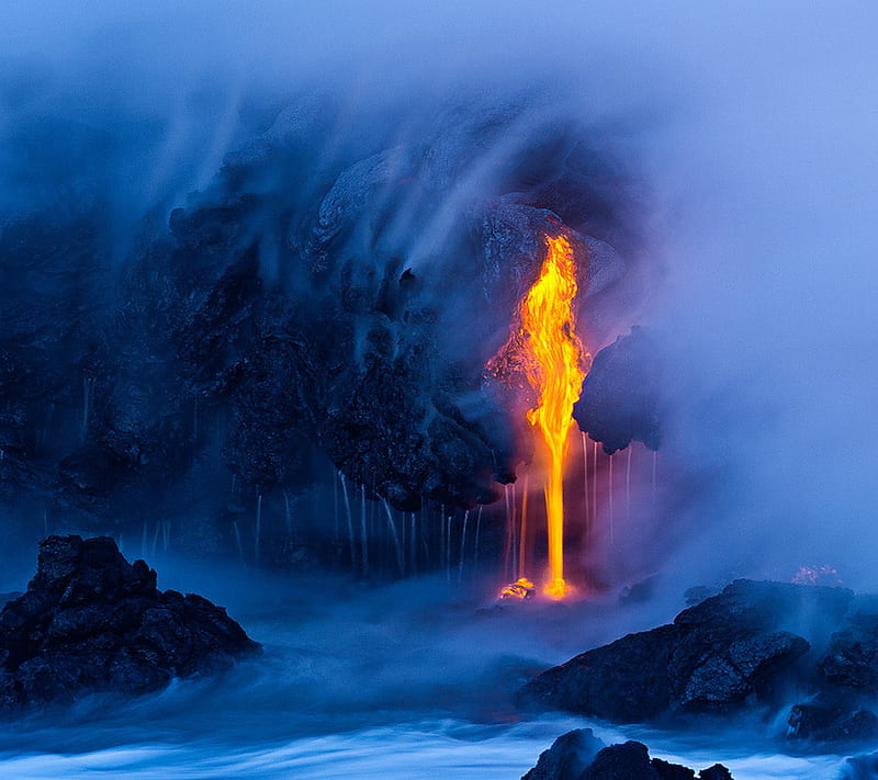 Lava Mist, awesome, fire, molton, ocean, rocks, sea, steam, water, HD wallpaper