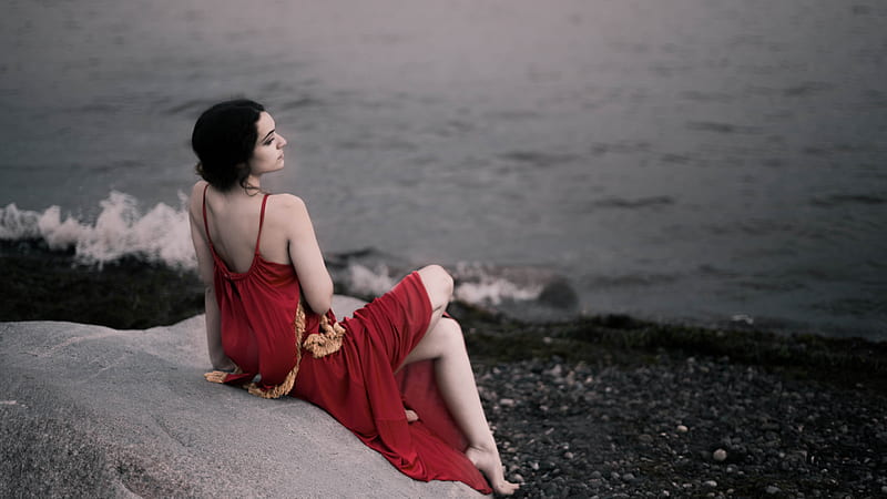 Girl In Red Dress Sitting On Rocks Beach , girls, model, red-dress, graphy, HD wallpaper