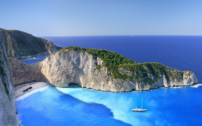 Summer, beach, Ionian Sea, Zakynthos, Greece, Navaio, HD wallpaper