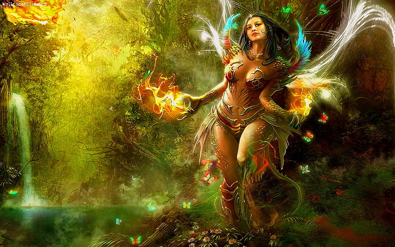 Fairy Warrior, butterflies, girl, fire, art, digital, waterfall, HD wallpaper