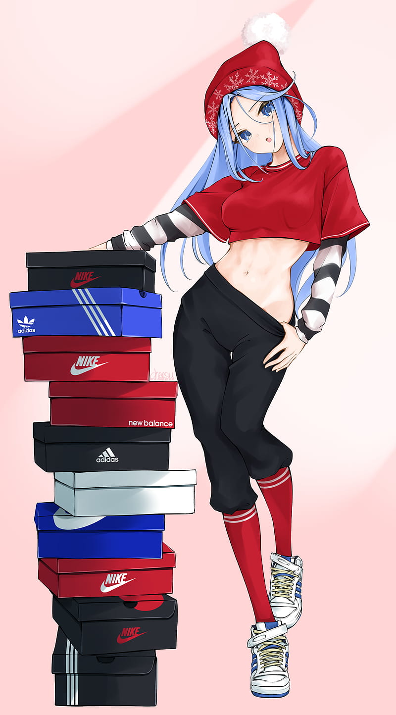 anime, anime girls, digital art, artwork, 2D, portrait display, vertical, Chaesu, blue hair, blue eyes, bare midriff, sneakers, hat, HD phone wallpaper