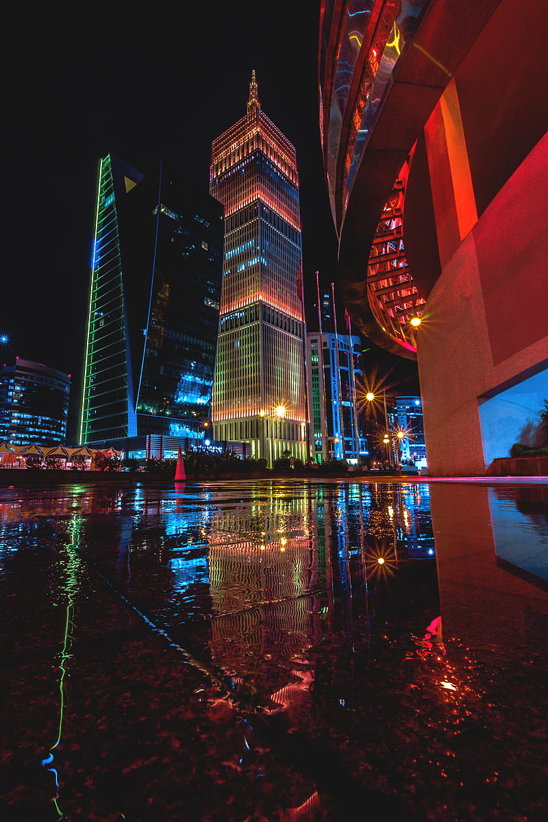 Doha , city, doha, lights, qatar, HD phone wallpaper