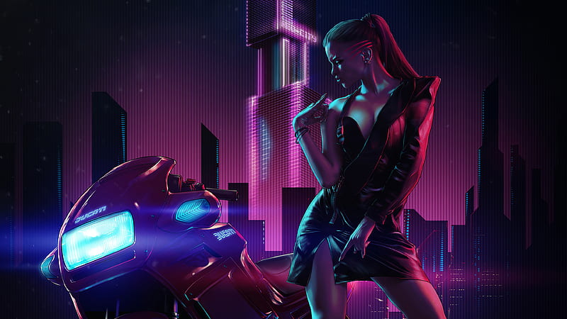 Cyberpunk Girl With Ducati Vaporwave, HD wallpaper