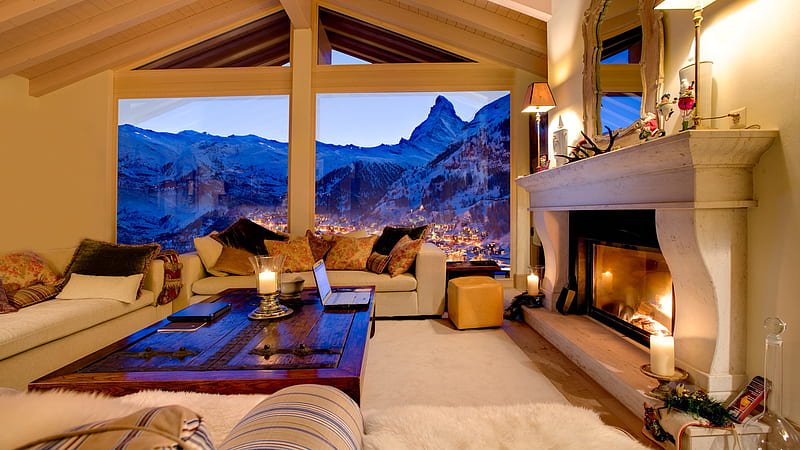 beautiful view from a swiss chalet window, fireplace, window, view, mountains, town, living room, winter, HD wallpaper
