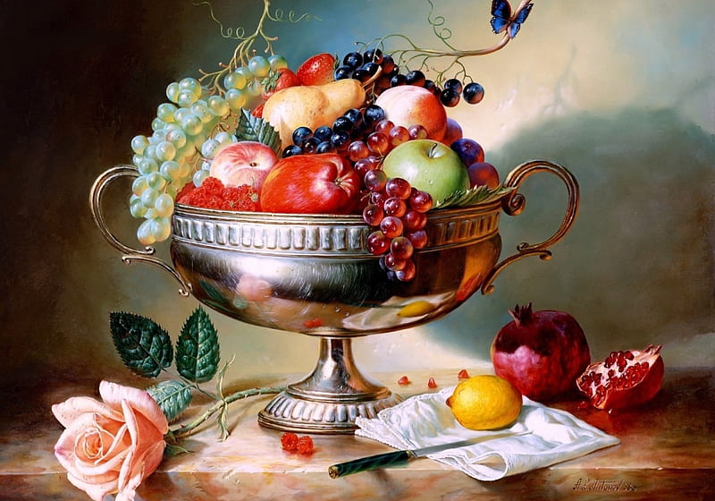 Still life, apple, red, rose, alexei antonov, lemon, fruit, grapes, green, flower, pictura, pink, HD wallpaper