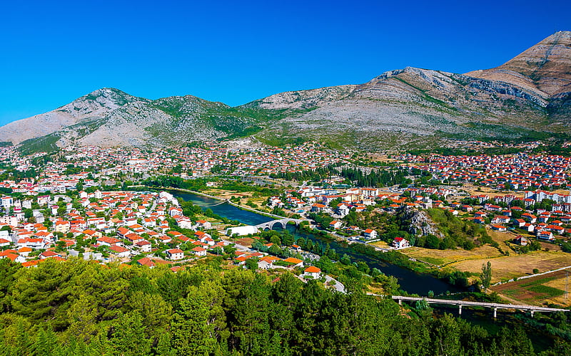 Trebinje, Bosnia and Herzegovina, summer, mountain landscape, old stone bridge, river, cityscape, Trebinje panorama, HD wallpaper