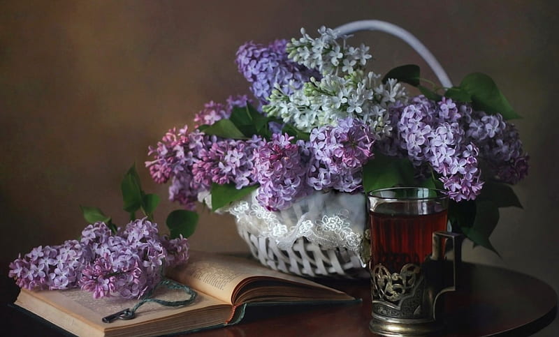 * Tea and lilacs *, aromatic, basket, flowers, lilacs, tea, sweet, HD wallpaper
