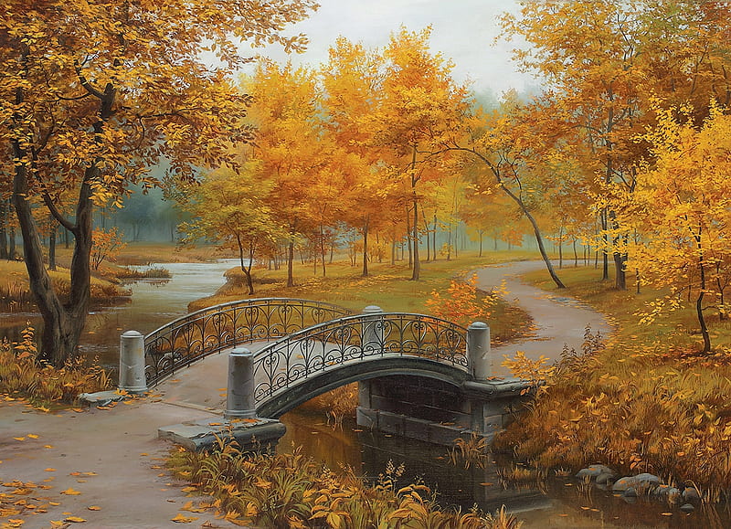 Autumn in an Old Park, park, leaves, old, golden, painting, HD wallpaper