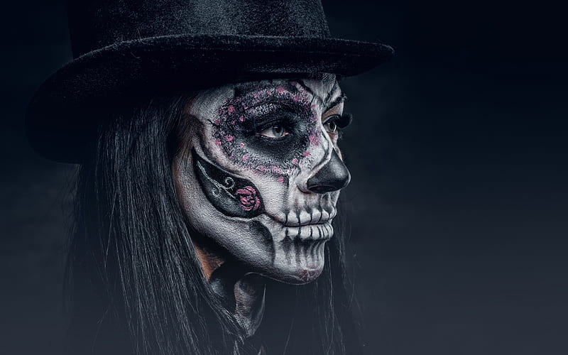 Halloween makeup, sugar skull, model, halloween, dia de los muertos, black, woman, hat, girl, face, white, HD wallpaper