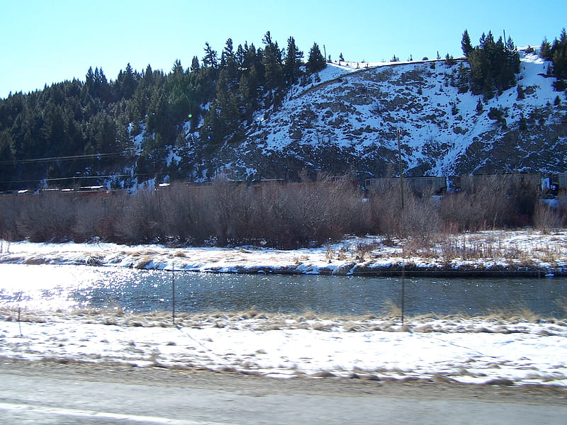 Coal cars along Montana riverbanks, Trains, Scenic, Mountains, Rivers, HD wallpaper