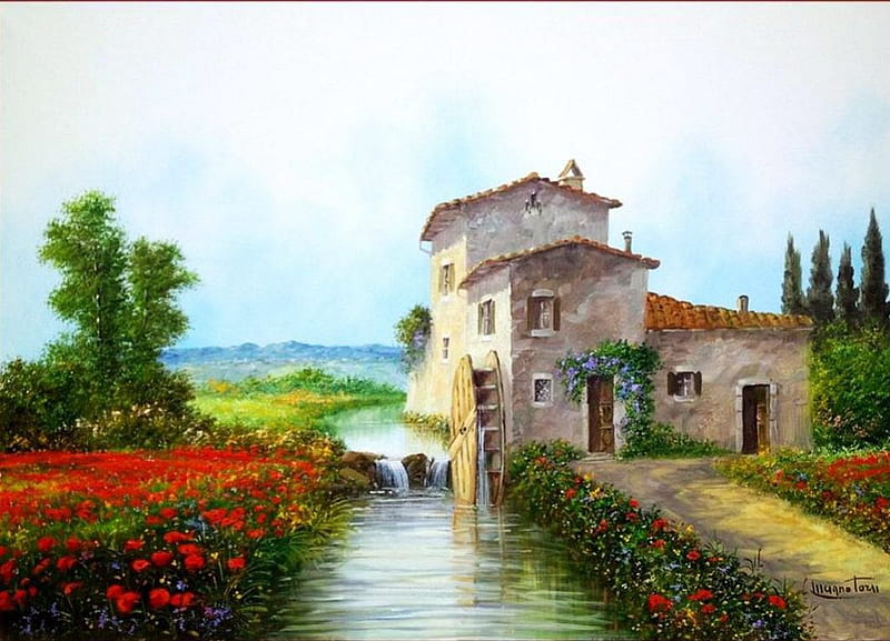 Mediterranean Watermill, house, flowers, blossoms, garden, artwork, HD wallpaper