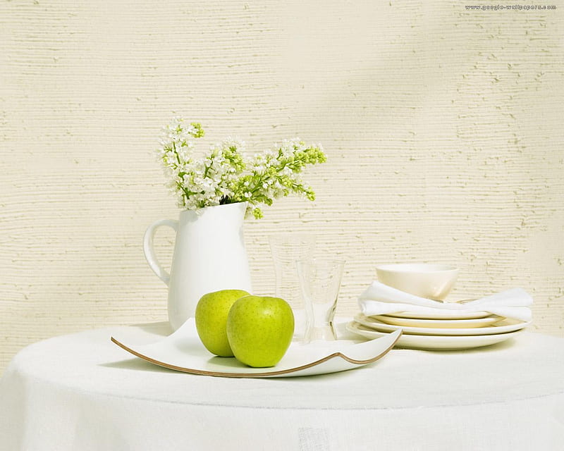 simply still life, lilac, still life, green, apples, vase, bonito, tableware, white, HD wallpaper