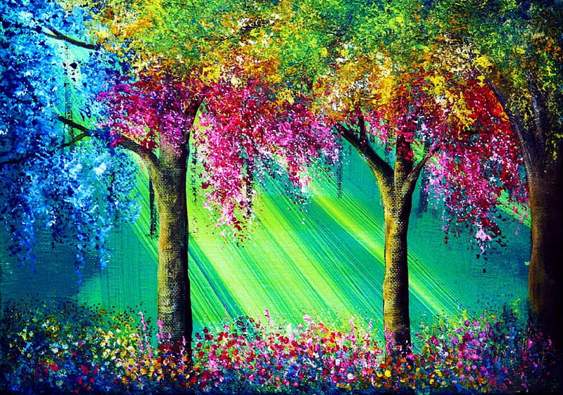 Vivacious, colorful, stunning, draw and paint, grass, attractions in dreams, most ed, paintings, bright, flowers, surreal, traditional art, colors, love four seasons, creative pre-made, trees, sunshine, nature, HD wallpaper