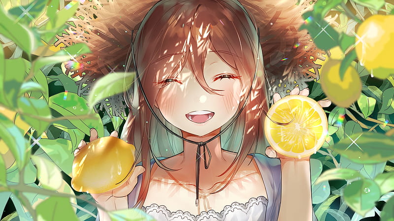 cute anime girl, smiling, lemon, fruits, Anime, HD wallpaper