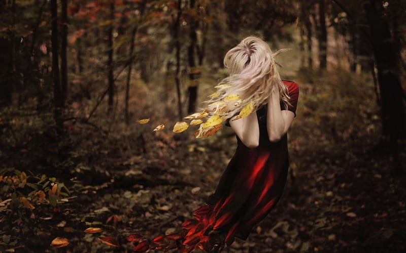 Disappearing Autumn, forest, leaves, red dress, woman, HD wallpaper