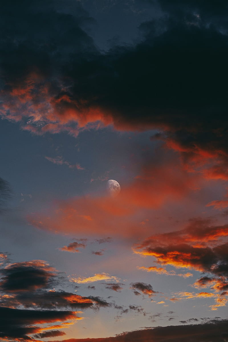 portrait display, clouds, Moon, nature, sunset, sky, HD phone wallpaper