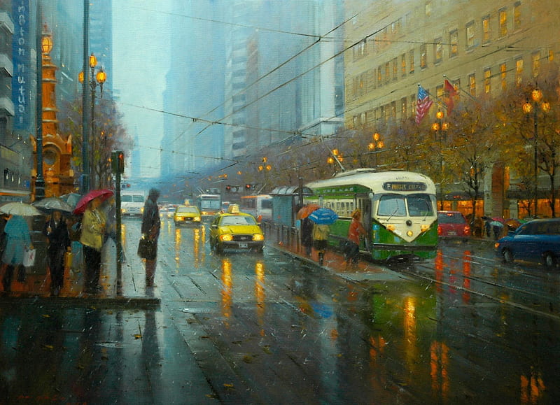 Painting, city, taxi, yellow, street, HD wallpaper