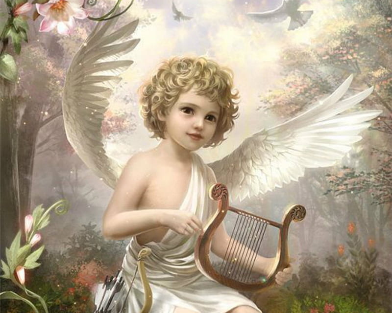 Angel, harp, fantasy, wings, HD wallpaper