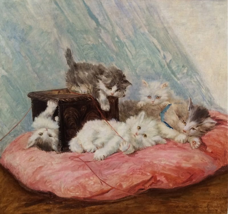 Five playing kittens on a pink pillow, art, pillow, henriette ronner knip, cat, animal, cute, painting, pink, kitten, pisica, HD wallpaper