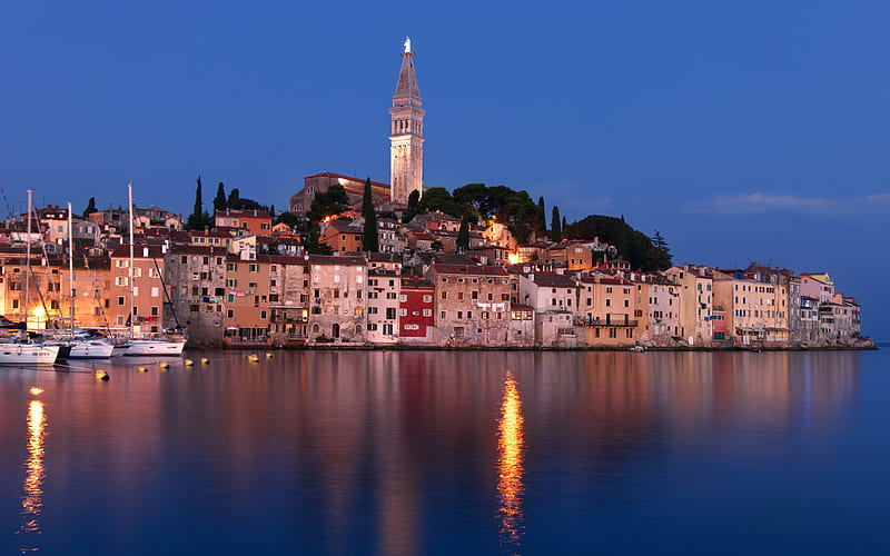 Rovinj, evening, cityscape, coast, sea, Adriatic Sea, Istria, Croatia, HD wallpaper