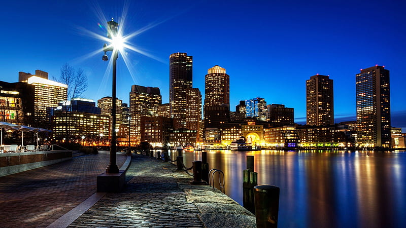 beautiful boston harbor in the evening, city, boats, evening, wharf, lights, harbor, HD wallpaper