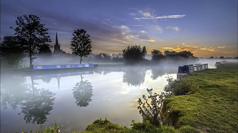 barges on a river in morning fog, barges, village, river, morning, trees, fog, HD wallpaper
