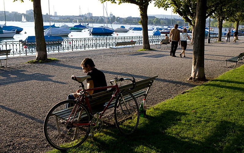 Lakeside Promenade, boats, Switzerland, lake, promenade, bicycle, HD wallpaper
