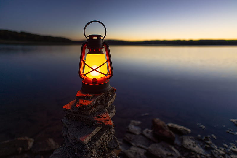 lantern, light, stones, lake, shore, HD wallpaper