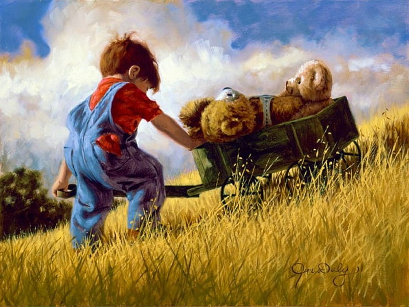 The Long Haul, boy, painting, cart, bear, hill, artwork, landscape, HD wallpaper