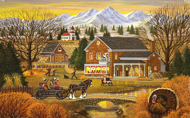 Thanksgiving Visit, family, autumn, holiday, country, Village, Horse and buggy, Thanksgiving, folk art, turkey, Houses, painting, HD wallpaper