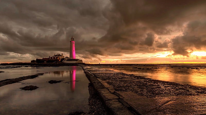 St Mary Lighthouse, North Sea, England, water, sunset, clouds, sky, coast, HD wallpaper