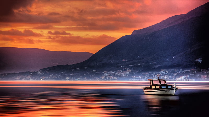 Radiant Sunset, glow, boat, shine, r, bonito, lake, HD wallpaper