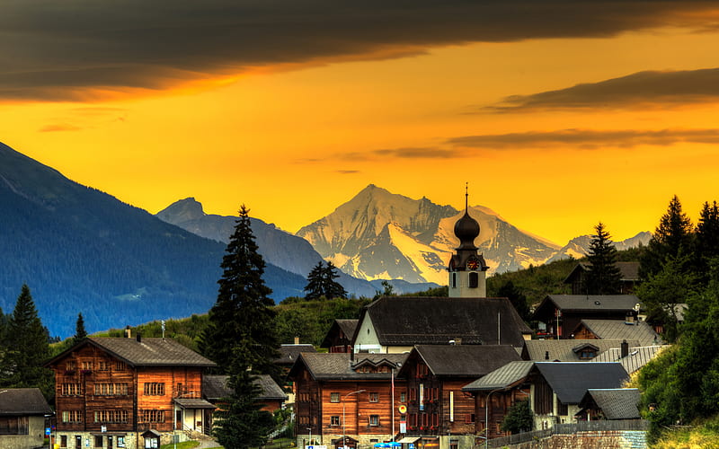 mountains, alps, sunset, evening, wooden houses, Switzerland, HD wallpaper