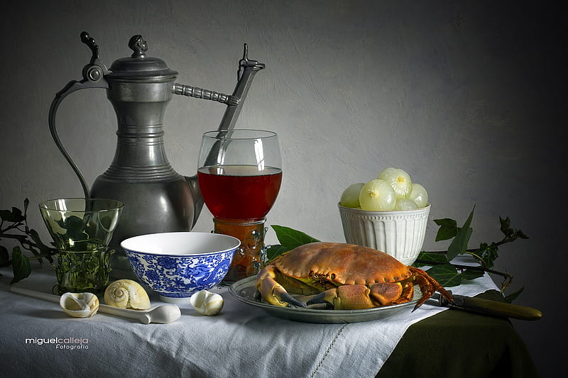 Food, Still Life, Crab, Onion, Wine, HD wallpaper