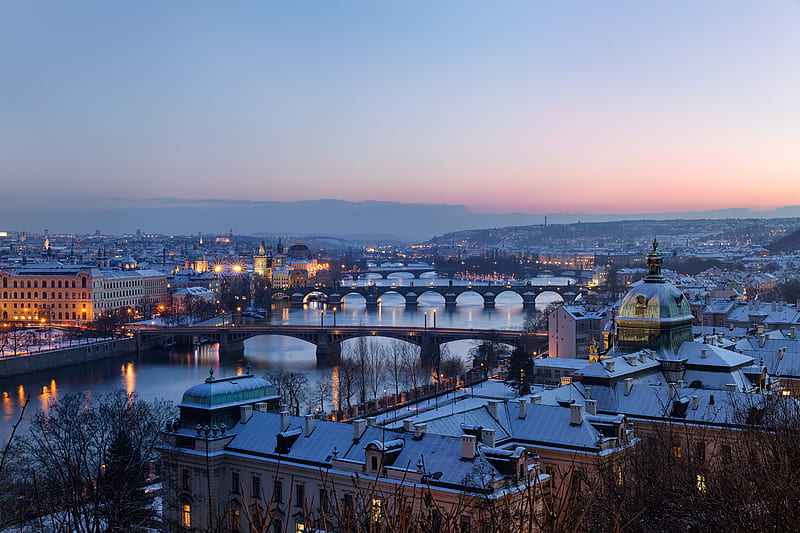 Cities, Winter, Prague, River, Czech Republic, Vltava, Man Made, HD wallpaper