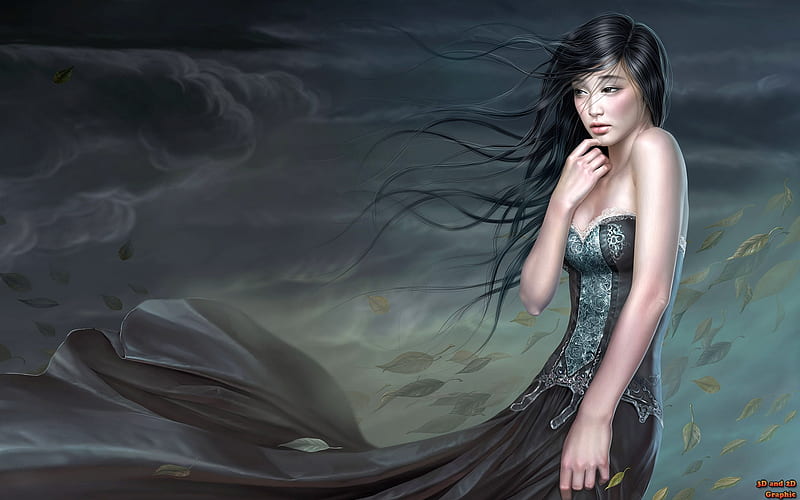 In The Storm, girl, black, clouds, long hair, storm, HD wallpaper