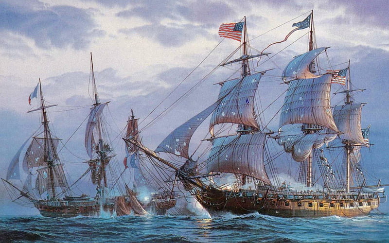 Sea battle, ships, pirates, rougs, art, frigates, bonito, waves, sky, clouds, sea, waters, battle, painting, HD wallpaper