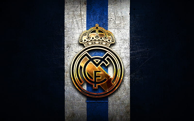 Real Madrid CF, golden logo, La Liga, blue metal background, football, Real Madrid FC, spanish football club, Real Madrid logo, soccer, LaLiga, Spain, HD wallpaper