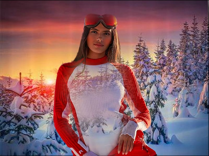 Color Block Winter Workout 1, colorful, blue, winter, white, vibrant, girl, pines, vivid, ski suit, red, bright, glasses, trees, bold, sunset, HD wallpaper