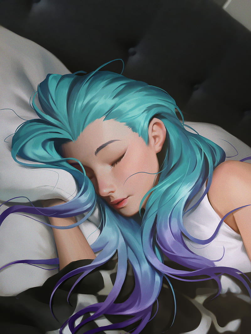 anime girls, artwork, sleeping, wavy hair, digital art, digital painting, women, Kudos Productions, closed eyes, fan art, blue hair, ArtStation, Seraphine (League of Legends), League of Legends, HD phone wallpaper