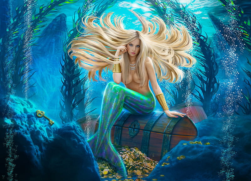 Hidden Treasure, siren, fantasy, art digital, mermaid, HD wallpaper