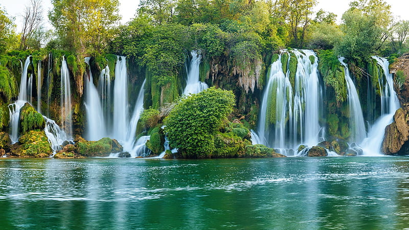Beautiful waterfall, Balkans, river, bonito, Bosnia and Herzegovina, waterfall, trees, HD wallpaper