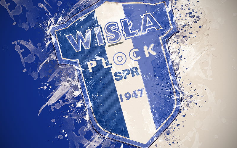 Wisla Plock paint art, logo, creative, Polish football team, Ekstraklasa, emblem, blue white background, grunge style, Plock, Poland, football, HD wallpaper