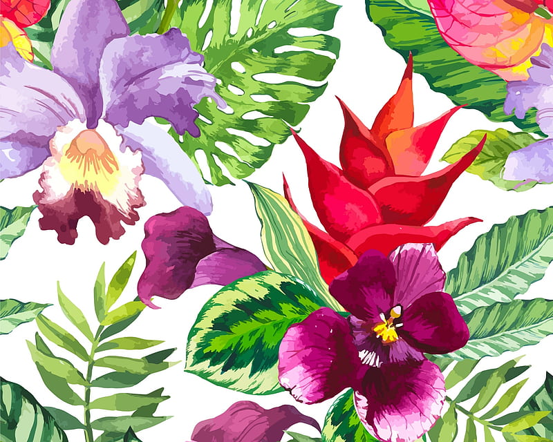 Flowers, red, art, exotic, green, purple, texture, painting, summer, flower, pictura, watercolor, HD wallpaper