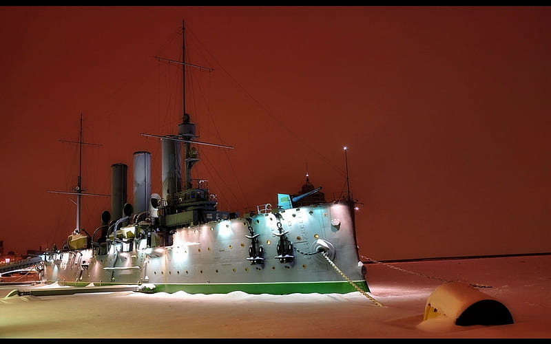 vintage russian war ship in winter, ship, military, lights, night, vintage, winter, HD wallpaper