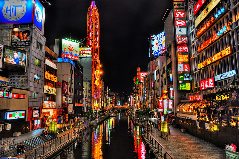 Osaka, city, japan, night, HD wallpaper