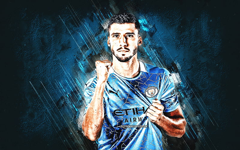 Ruben Dias, Manchester City FC, Portuguese footballer, portrait, blue stone background, Premier League, England, soccer, HD wallpaper