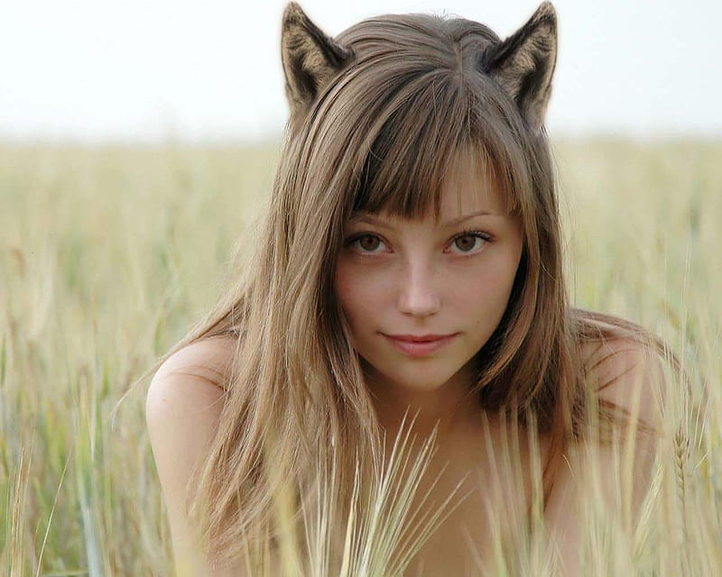 real cat woman, cute, green, grass, ears, funny, cat, woman, sexy, HD wallpaper