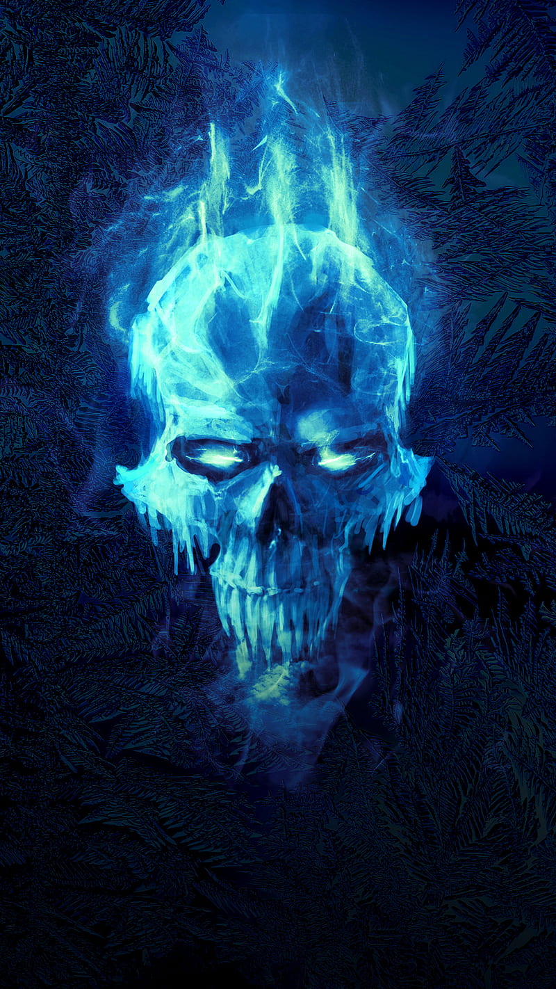 Flaming Skull, blue, fire, flame, HD mobile wallpaper