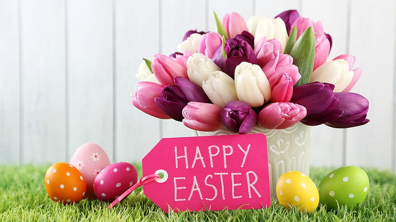 Happy Easter!, grass, Easter eggs, tag, vase, still life, Easter, eggs, flowers, tulips, wood, HD wallpaper